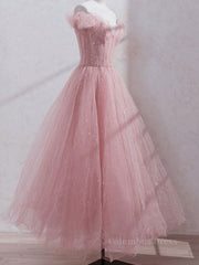 Prom Dress Pattern, Pink off shoulder tulle sequin long prom dress, pink formal dress