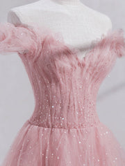 Formal Dress Suits For Ladies, Pink Off Shoulder Tulle Tea Length Prom Dress, Tulle Formal Dress