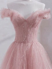 Formal Dress For Beach Wedding, Pink Off Shoulder Tulle Tea Length Prom Dress, Tulle Formal Dress