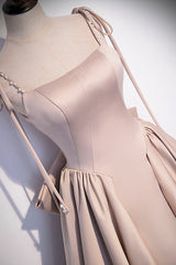 Prom Dress 2027, Pink Satin Long A-Line Prom Dress, Cute Spaghetti Strap Evening Dress with Bow