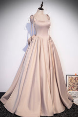 Prom Dresses2027, Pink Satin Long A-Line Prom Dress, Cute Spaghetti Strap Evening Dress with Bow