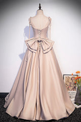 Prom Dresses 2034, Pink Satin Long A-Line Prom Dress, Cute Spaghetti Strap Evening Dress with Bow