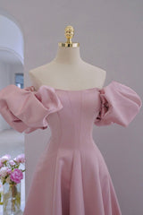 Formal Dresses With Sleeve, Pink Satin Long A-Line Prom Dress, Pink Puff Sleeves Formal Evening Dress