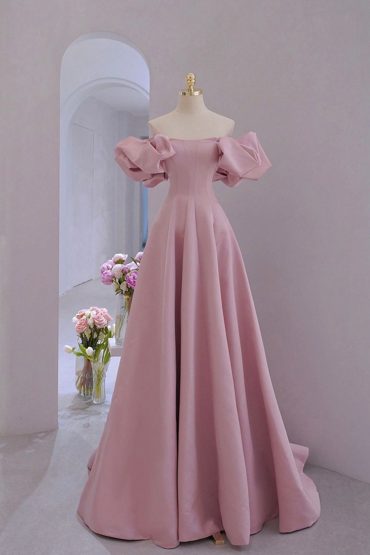 Formal Dress With Sleeve, Pink Satin Long A-Line Prom Dress, Pink Puff Sleeves Formal Evening Dress