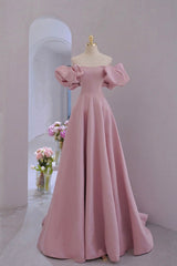 Formal Dress With Sleeve, Pink Satin Long A-Line Prom Dress, Pink Puff Sleeves Formal Evening Dress