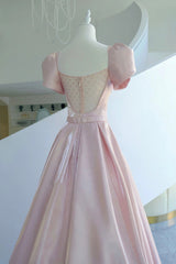 Bridesmaid Dress Champagne, Pink Satin Long Prom Dress, A-Line Evening Dress with Bow