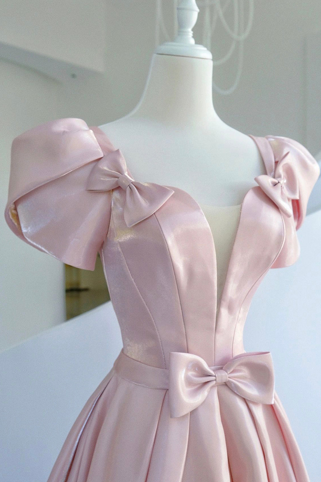 Bridesmaids Dress Champagne, Pink Satin Long Prom Dress, A-Line Evening Dress with Bow