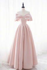 Party Dress Size 90, Pink Satin Long Prom Dress, Cute Off Shoulder Evening Dress