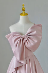 Wedding Theme, Pink Satin Long Prom Dress with Bow, One Shoulder Formal Evening Dress