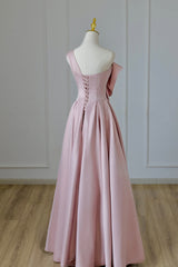 Wedding Flower, Pink Satin Long Prom Dress with Bow, One Shoulder Formal Evening Dress