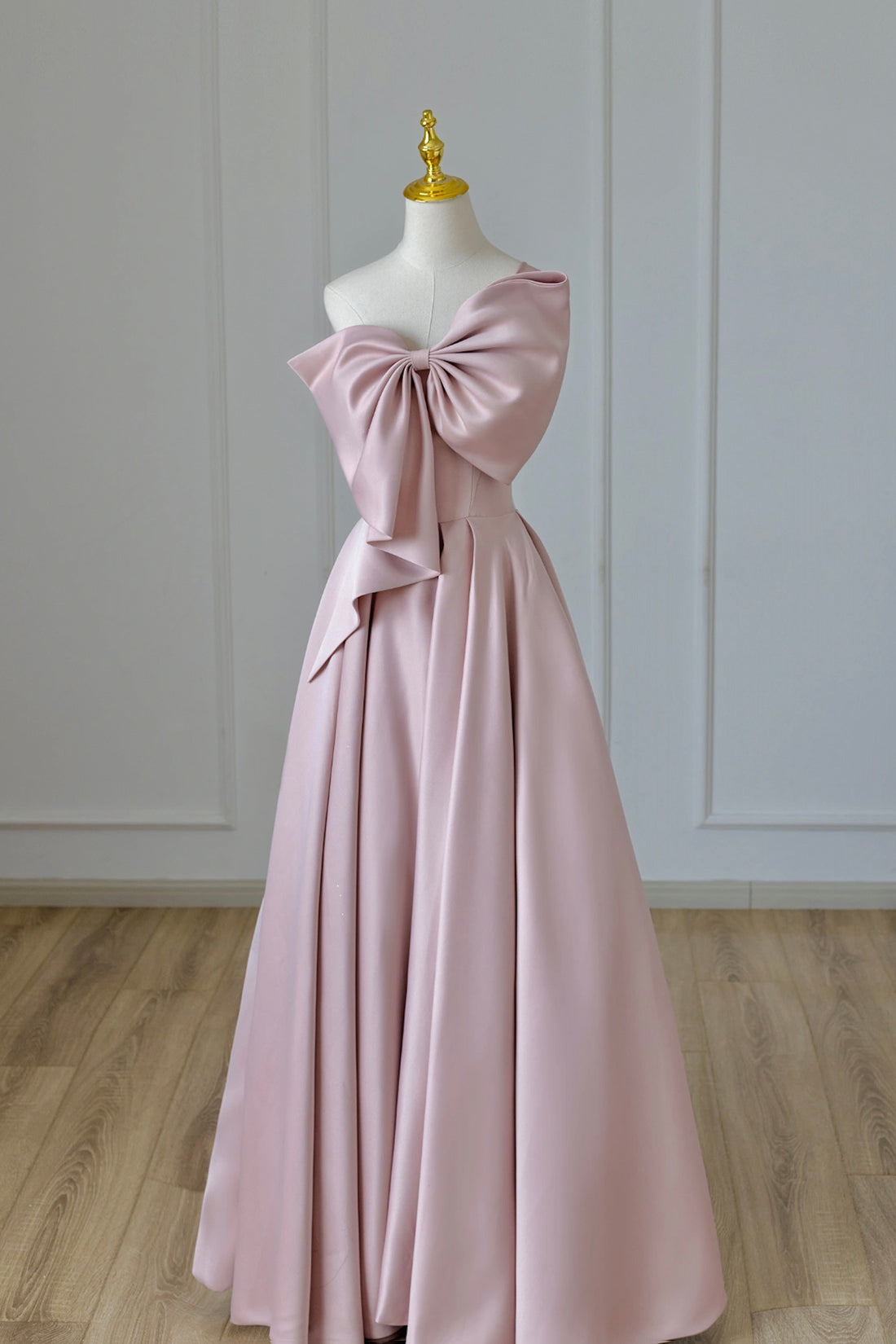 Winter Formal Dress, Pink Satin Long Prom Dress with Bow, One Shoulder Formal Evening Dress