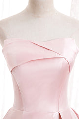 Champagne Bridesmaid Dress, Pink Satin Long Prom Dress with Pearls, Pink Strapless Evening Dress