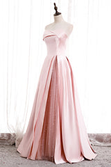 Wedding Aesthetic, Pink Satin Long Prom Dress with Pearls, Pink Strapless Evening Dress