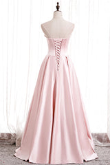 Sage Green Wedding, Pink Satin Long Prom Dress with Pearls, Pink Strapless Evening Dress