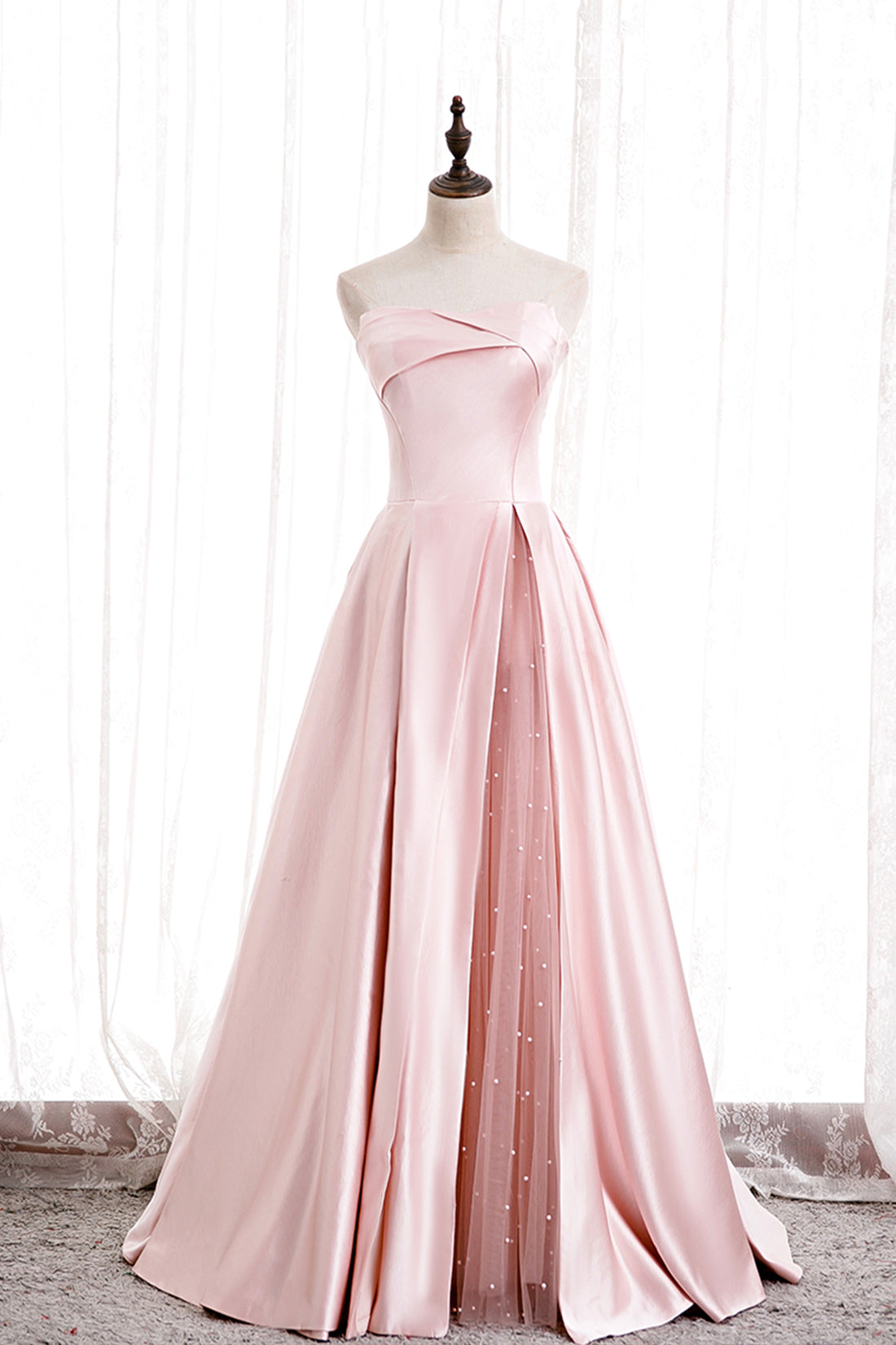 Beach Wedding Dress, Pink Satin Long Prom Dress with Pearls, Pink Strapless Evening Dress