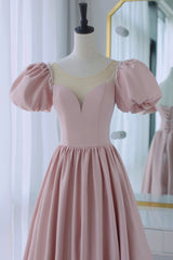 Formal Dress Outfit Ideas, Pink Scoop Neckline Satin Prom Dress, Pink Floor Length Party Dress