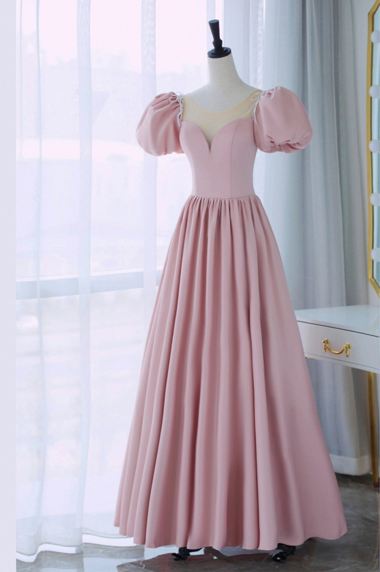 Formal Dress Elegant, Pink Scoop Neckline Satin Prom Dress, Pink Floor Length Party Dress