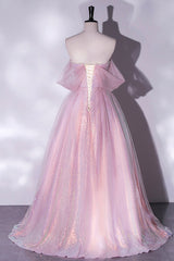 Bow Dress, Pink Sequins Long A-Line Prom Dress, Off the Shoulder Evening Party Dress