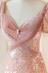 Party Dresses Near Me, Pink Sequins Long Prom Dress, A-Line Short Sleeve Evening Dress