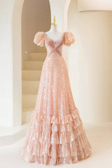 Party Dresses Sales, Pink Sequins Long Prom Dress, A-Line Short Sleeve Evening Dress