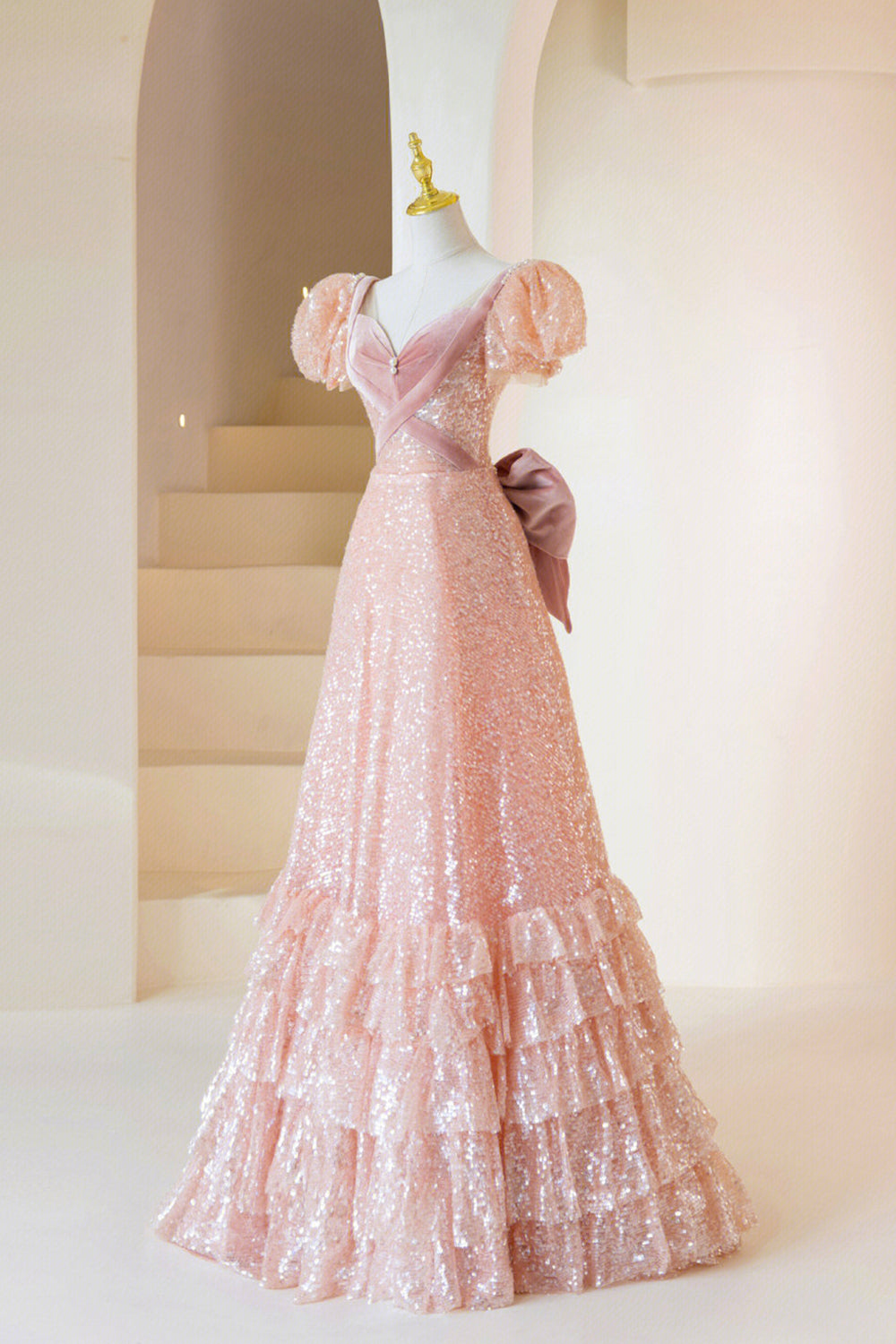 Party Dress Near Me, Pink Sequins Long Prom Dress, A-Line Short Sleeve Evening Dress