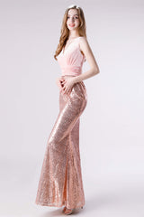 Homecoming Dress Long, Pink Shimmery Sequin Lace Prom Dresses