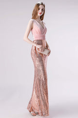 Homecomming Dresses Long, Pink Shimmery Sequin Lace Prom Dresses