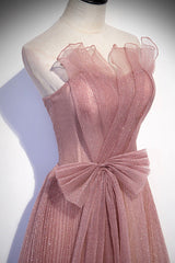Princess Dress, Pink Shiny Tulle Long A-Line Prom Dress, Lovely Strapless Evening Dress