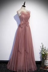 Evening Dress Elegant, Pink Shiny Tulle Long A-Line Prom Dress, Lovely Strapless Evening Dress