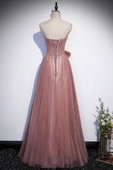 2034 Prom Dress, Pink Shiny Tulle Long A-Line Prom Dress, Lovely Strapless Evening Dress