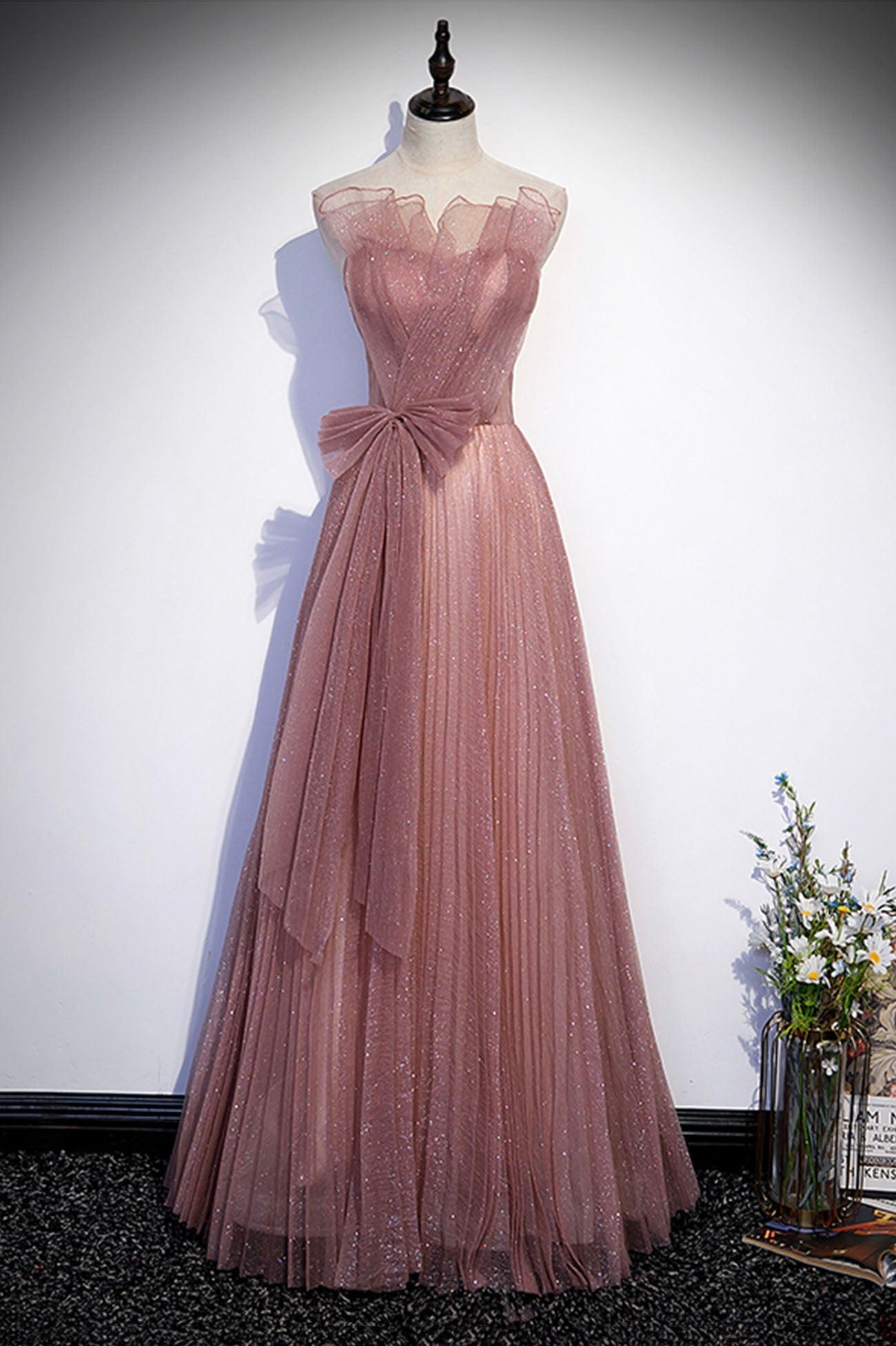 Blue Dress, Pink Shiny Tulle Long A-Line Prom Dress, Lovely Strapless Evening Dress