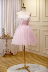 Party Dress Classy Elegant, Pink Spaghetti Strap Tulle Short Prom Dress with Feather, Pink Party Dress