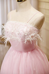 Party Dresses Night, Pink Spaghetti Strap Tulle Short Prom Dress with Feather, Pink Party Dress