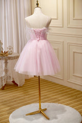 Party Dress For Night, Pink Spaghetti Strap Tulle Short Prom Dress with Feather, Pink Party Dress