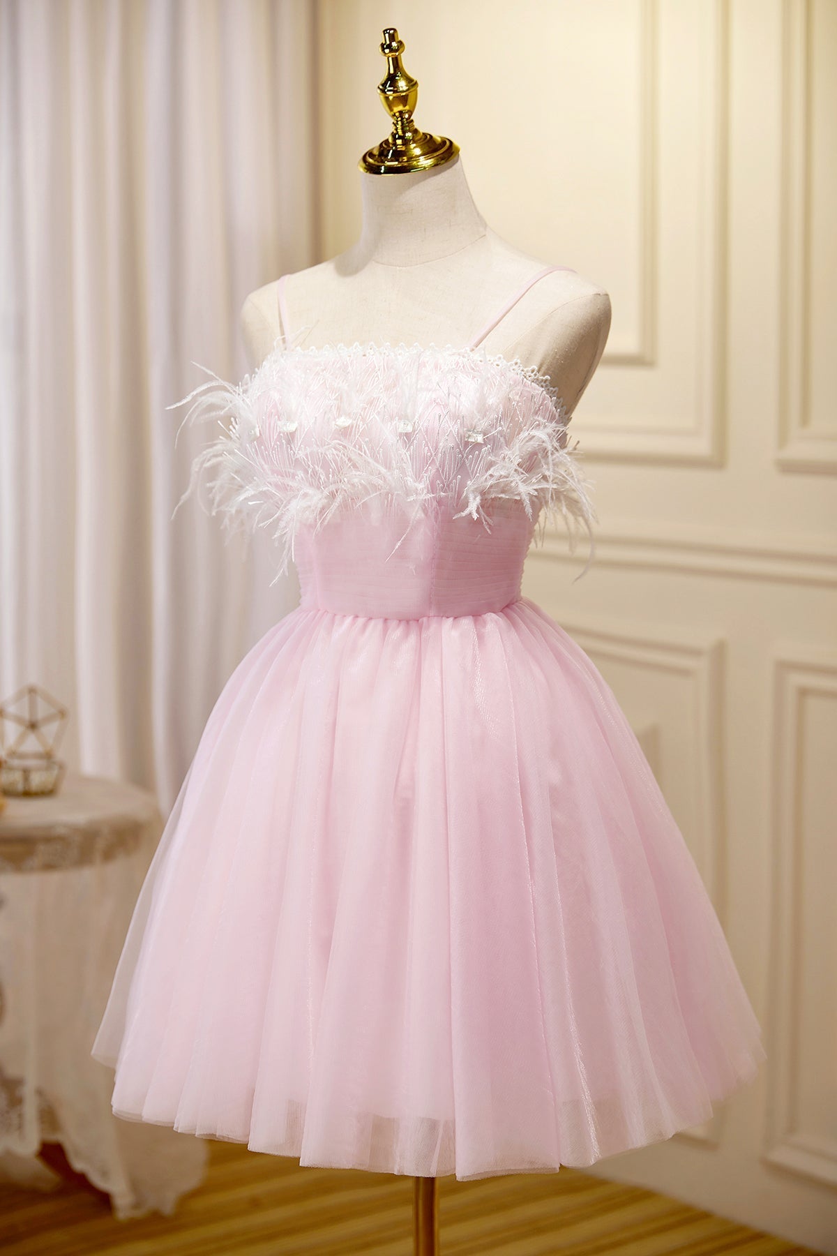 Party Dresses Classy Elegant, Pink Spaghetti Strap Tulle Short Prom Dress with Feather, Pink Party Dress