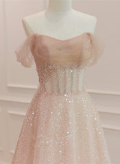 Party Dress Modest, Pink Sparkle Tulle with Beadings Long A-line Formal Dress, Pink Tulle Sweetheart Prom Dress