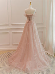 Party Dress Couple, Pink Sparkle Tulle with Beadings Long A-line Formal Dress, Pink Tulle Sweetheart Prom Dress