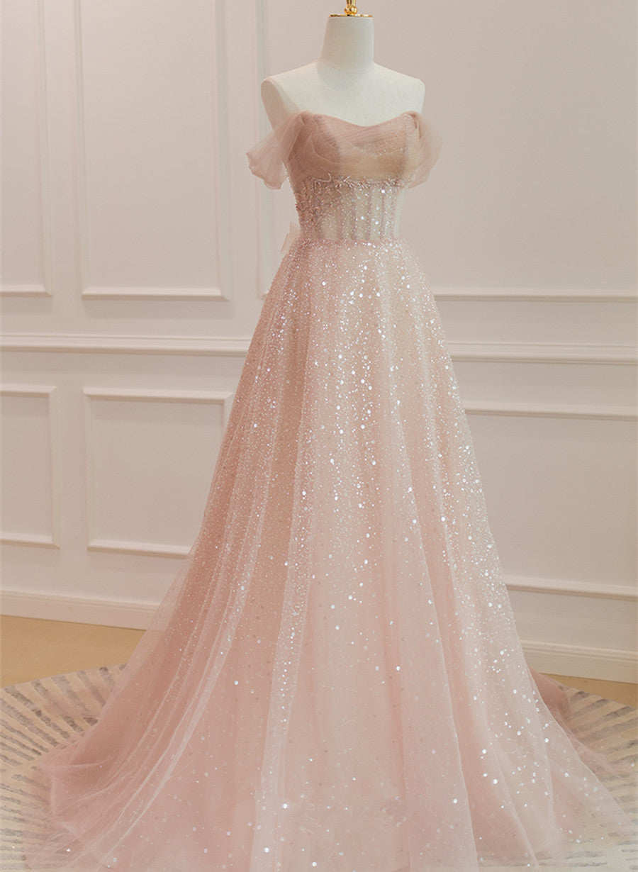 Party Dresses Modest, Pink Sparkle Tulle with Beadings Long A-line Formal Dress, Pink Tulle Sweetheart Prom Dress