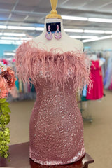 Pink Sparkly Tight Sequins Homecoming Dress with Feathers