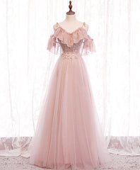 Prom Dress Prom Dresses, Pink Straps Lace Top Tulle Off Shoulder Party Dresses, Pink A-line Formal Dresses