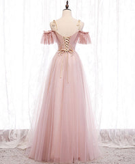 Prom Dresses Near Me, Pink Straps Lace Top Tulle Off Shoulder Party Dresses, Pink A-line Formal Dresses
