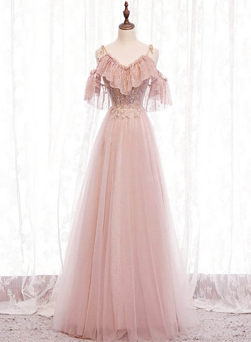 Prom Dresses Prom Dress, Pink Straps Lace Top Tulle Off Shoulder Party Dresses, Pink A-line Formal Dresses