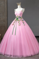 Party Dresses Style, Pink Straps Tulle Sweetheart Ball Gown with Flowers, Pink Formal Dress Prom Dress