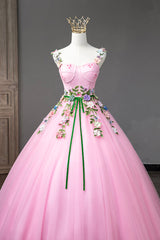 Party Dresses Styles, Pink Straps Tulle Sweetheart Ball Gown with Flowers, Pink Formal Dress Prom Dress