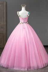 Party Dress Hair Style, Pink Straps Tulle Sweetheart Ball Gown with Flowers, Pink Formal Dress Prom Dress