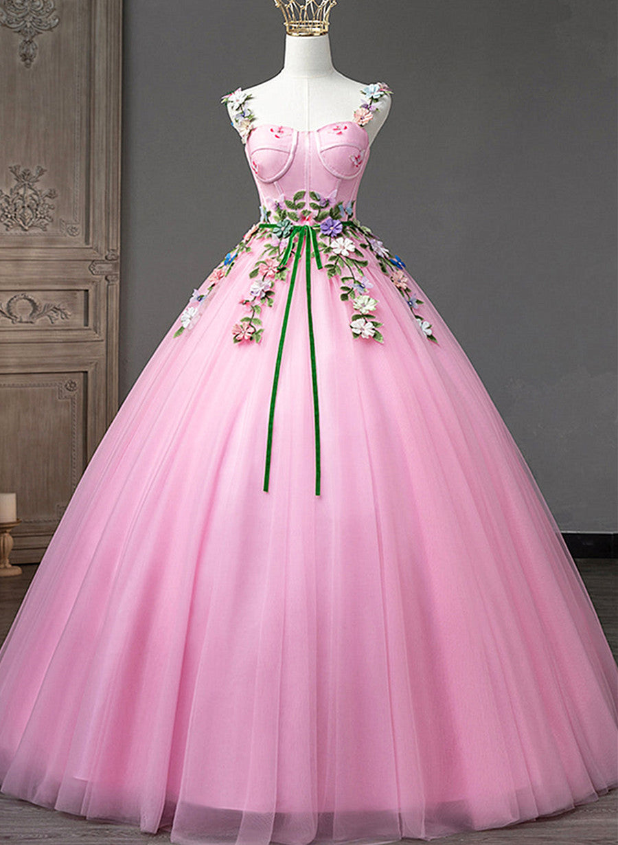 Party Dress Style, Pink Straps Tulle Sweetheart Ball Gown with Flowers, Pink Formal Dress Prom Dress