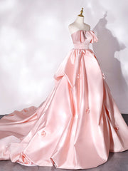 Prom Dress And Boots, Pink Sweep Train Satin Long Prom Dress, Pink Formal Evening Dresses