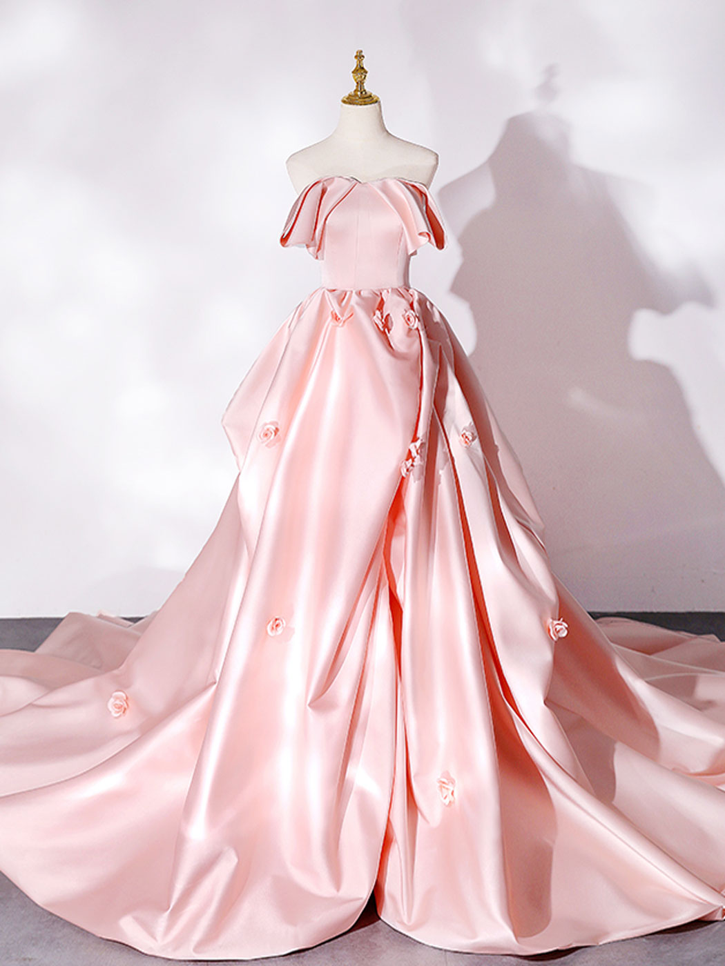 Prom Dress Chiffon, Pink Sweep Train Satin Long Prom Dress, Pink Formal Evening Dresses