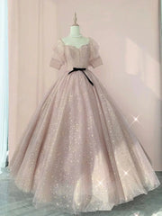 Homecoming Dress Shops, Pink Sweetheart-Neck Tulle Lace Half-Sleeve Prom Dresses, Pink Party Dress