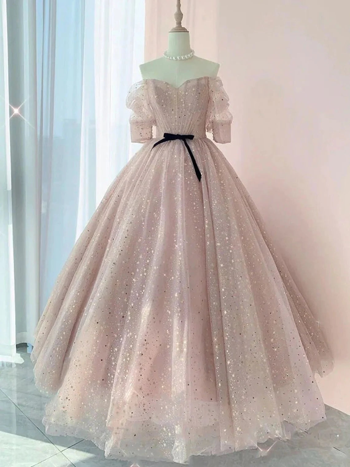Homecoming Dresses Shop, Pink Sweetheart-Neck Tulle Lace Half-Sleeve Prom Dresses, Pink Party Dress